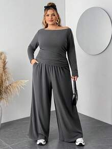 SHEIN CURVE+ 2 Stück/Set Damen Große Größen Grau Langarm T-Shirt und Hose Strick Slim Fit Anzug/Herbst/Winter - Dunkelgrau - Übersicht 5