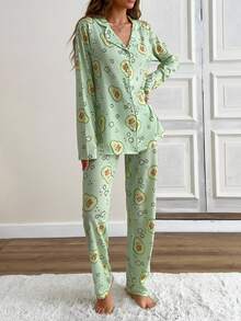 RueChic Cotton Women 2 Pcs Contrast Colour Button Front Detail All Over Avocado Pattern Homewear PJ Set - Green - View 3