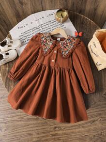 Emery Rose Kids Emery Rose Kids 年轻女孩秋季碎花彼得领休闲连衣裙 - 摩卡棕 - 查看 4