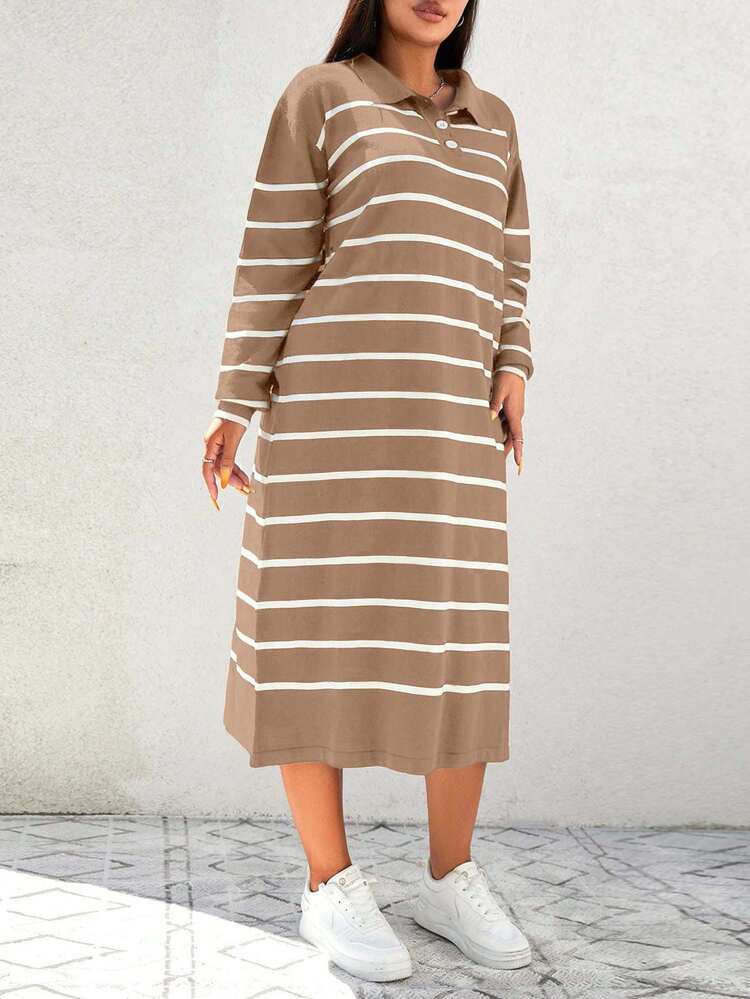 SHEIN Cottnline 加大碼條紋圓領毛衣連衣裙 - 駝色 - 查看 3