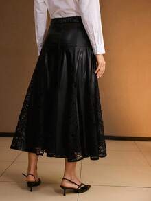 PREMIUM PU LEATHER LACE PANEL FOLD PLEATED SKIRT - Black - View 3