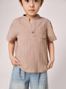 SHEIN 1 件青少年休闲韩版短袖宽松针织半开襟立领衬衫，适合暑期学校日常穿着