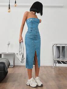 CasuGlow DŁUGA SPÓDNICA Z ROZCIĘCIEM Z PRZODU PROSTA MODA CODZIENNA LUŹNA - Średni jeans - Zobacz 3