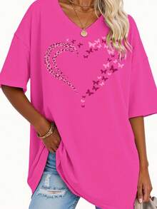 EMERY ROSE Popular Spring And Summer Women'S V-Neck Short-Sleeve Loose Heart T-Shirt Top From Europe And America. - Hot Pink - View 1