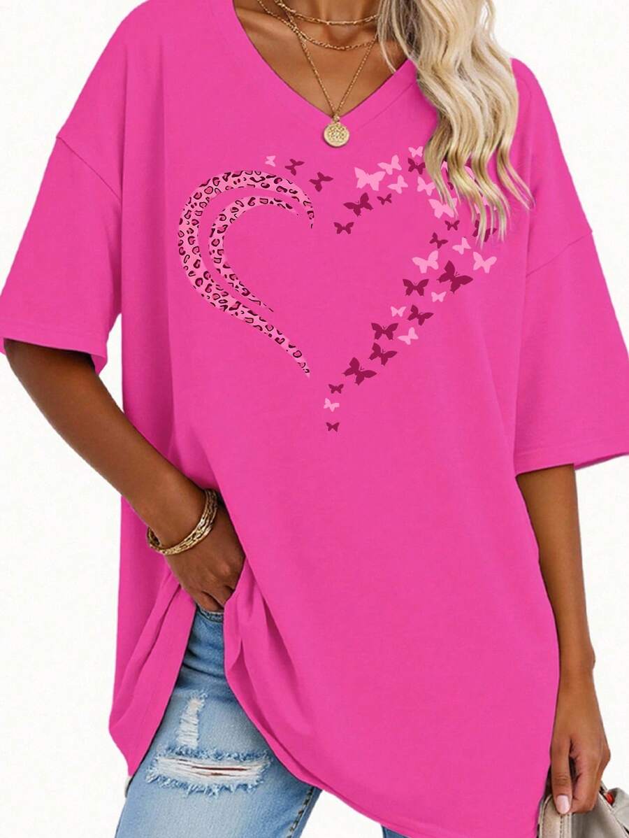 EMERY ROSE Popular Spring And Summer Women'S V-Neck Short-Sleeve Loose Heart T-Shirt Top From Europe And America. - Hot Pink - View 1