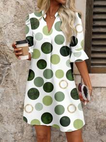 EMERY ROSE Plus Size Women Short Dress,Green Geometric Polka Dot Print,Smart Casual Summer Vacation,White Holiday Outfits,Chic Spring Fall Clothes Party Dress - Green - View 4