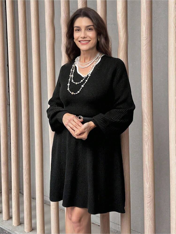New Years Dress Women Contrast-Color Wave V-Neck Sweater Dress