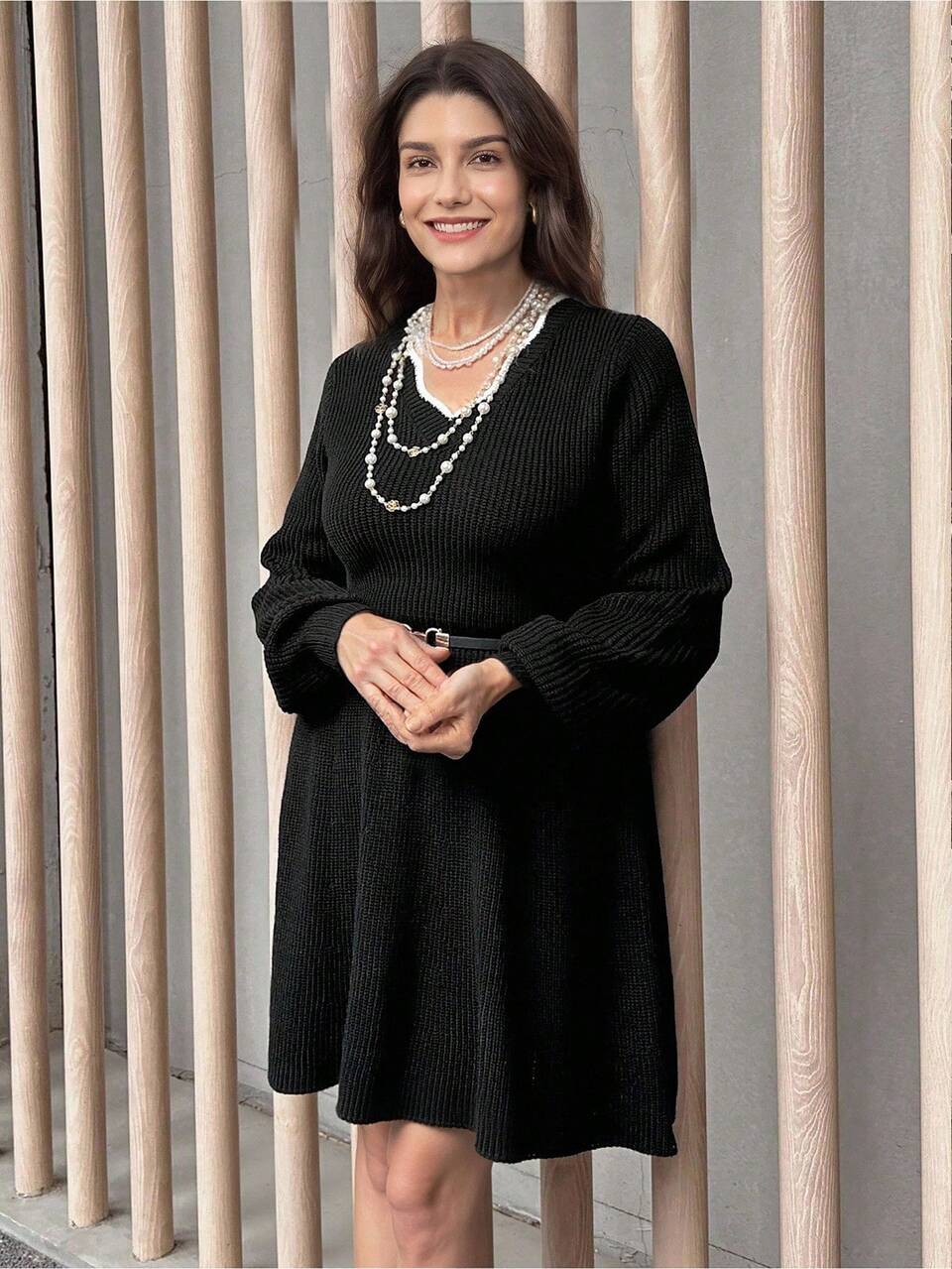 New Years Dress Women Contrast-Color Wave V-Neck Sweater Dress