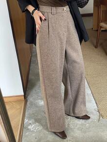 DAZY Women's Loose Solid Color Wool Straight Leg Casual Pants, Thick Autumn/Winter Suit Trousers Fleece Lined Buisness Attire - Brown - View 5