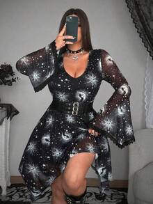 Whyspr Grunge Punk Plus Size Women Dress,Black And White Fitted A-Line Flounced Asymmetric Sleeve Printed Fairy Elegant Night Out Club Autumn Halloween - Multicolor - View 5