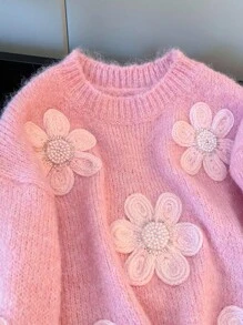 Franclia 休闲宽松圆领长袖针织串珠3D花卉装饰粉色女式套头衫，春秋 - 粉色 - 查看 6
