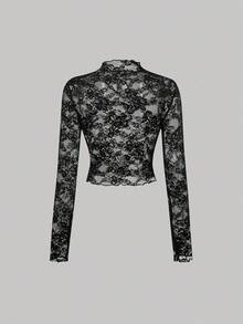 SHEIN MOD 女士两件套蕾丝透视长袖黑白上衣，秋冬女装，万圣节、派对、优雅、哥特、时尚，女士优雅透视花卉蕾丝长袖高领修身露脐上衣，时尚女士黑白薄纱蕾丝网纱高领长袖修身上衣，蕾丝长袖，黑白上衣 - 黑與白 - 查看 5