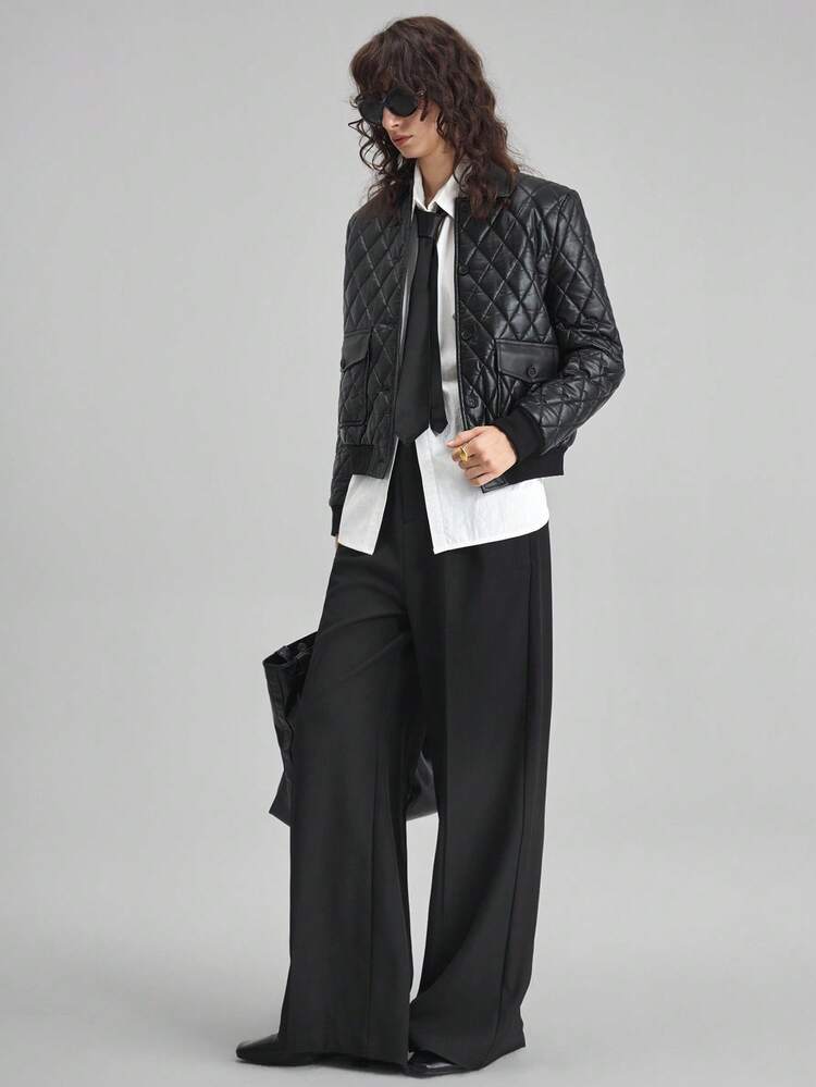 Women's Black Autumn Casual Chic Everyday Solid Jacket,Versatile Quilted Street Style,Sophisticated Modern Urban Office Wear Old Money Commuting
