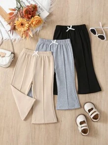 3pcs Baby Girl Knitted Comfortable Flare Pants, 0-3 Years Old, Elastic Waist, Bow Decor, Versatile For Outdoor Activities & Family Gatherings, Suitable For Spring & Autumn Fall Winter - Multicolor - View 1