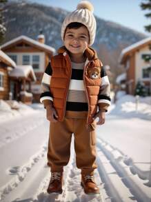 SHEIN 3pcs/Set Baby Boy/Girl Casual Cute Khaki Fleece Jacket Vest Outerwear, Khaki & Brown Striped Sweatshirt And Pants Set, Unisex Baby Clothes, Baby Winter Clothes, Halloween Costume Fall