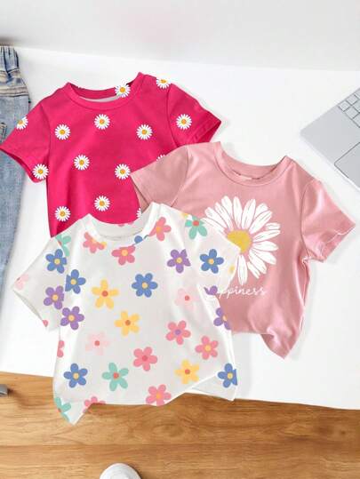 3件装少女休闲碎花短袖T恤，夏季假日上衣