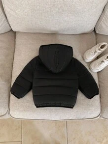 SHEIN Baby Boys Black Winter Thermal Lined Hooded Zip-Up Padded Coat, Casual All-Match Versatile Soft Comfortable Outerwear Suitable For Playing In Snow Fall - Black - View 2