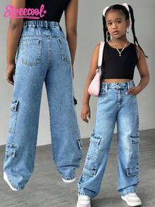 SHEIN Explorewe Tween Girls Casual Straight Washed Denim Jeans, School, Campus, College Summer Holiday - Medium Wash - View 1