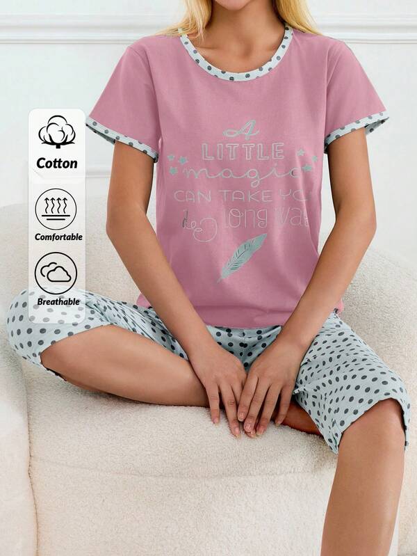 Mais 100% algodão, 2 peças, camisa com estampa de slogan e bolinhas, calça capri, conjunto de pijama para casa