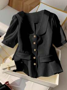 Franclia Áo sơ mi tay ngắn màu trơn cỡ lớn thường ngày - màu đen - Xem 1