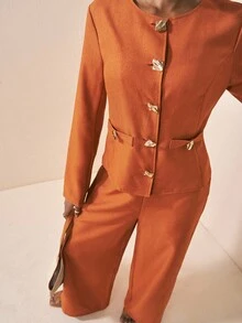 Zivah Conjunto de 2 piezas de lino en marrón rojizo, compuesto por: Chaqueta de manga larga con solapa asimétrica y decoración de botón de metal, cintura ceñida, y pantalón de pierna ancha. Nuevo lanzamiento para otoño/invierno 2025, ideal para festivales de música, graduación, uso diario, vacaciones en la playa, streetwear y elegante para ir al trabajo.