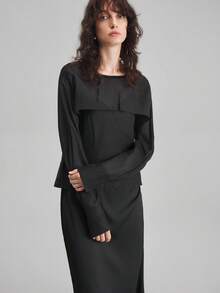 Ontre 2pcs Women's Chic Plain Black Autumn Office Lady Business Casual Outfit,Retro 2000s Solid Color Long Sleeve Top And Pants Transitional Clothing - Black - View 5