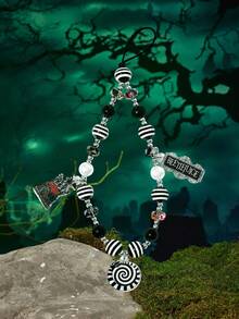 Beetlejuice X SHEIN Fashionable Handmade Acrylic Black & White Striped Beaded Phone Lanyard, Goth Style For Men & Women, Goth - Black and White - View 2