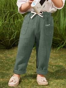 SHEIN 男童休闲百搭字母刺绣裤 - 綠色 - 查看 7