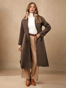 Wildy Women's Fall Black Y2k Solid Color Simple Daily PU Trench Coat Jacket - Mocha Brown - View 4