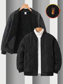 SHEIN 儿童/青少年男童休闲棒球领绗缝棉服外套，冬季外套 - 黑色 - 查看 9