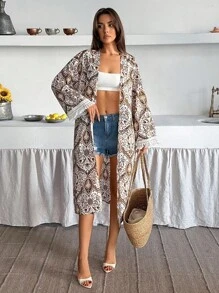 SHEIN Cottnline Women, Spring, Summer, Kimono, All Over Print, Long Sleeve, Loose Fit, Tassel - Multicolor - View 3
