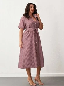 SHEIN Cottnline Váy kẻ sọc cỡ lớn - Màu Đỏ Sâu - Xem 6