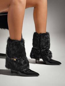 SHUZIA Botas Femininas Glamorosas, Sensuais, Bico Fino, Fivela De Metal, Dobradas, Cano Médio - Preto - Ver 2