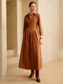 Aveloria Women's Half-Open Shirt Collar, Waist Pleated Design, Daily Workplace Commuting Casual Dress Toffee Color Shirt Dress Teacher Outfits For Women Business Casual Woman Office Outfits For Women Work Outfits For Women Work Dresses For Women Fall Women Clothes Fall Outfits Women Fall Autumn Clothes Maillard Style