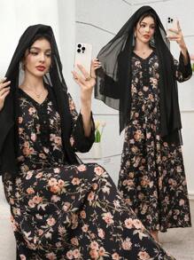 Yasmyna Vestido con estampado floral de encaje y gasa con cuello en V, estilo árabe, con pañuelo para la cabeza, color rosa - Negro - Ver 2