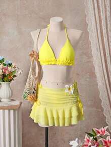 SHEIN Swim 2pcs/Set Women's Sweet Ruffled Bikini & Lace Skirt Beach Vacation Set - Yellow - View 3