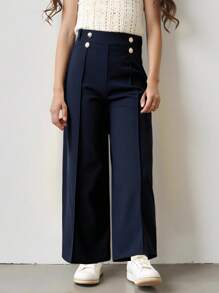 Elladie kids Young Girl Waist Button Design Toothpick Striped Wide Leg Loose Pants Fall Winter