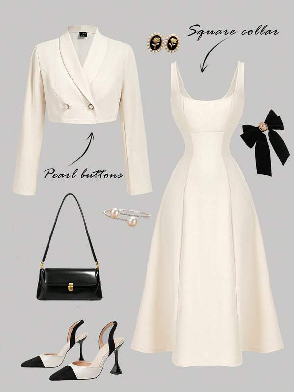 SHEIN MOD Conjunto de chaqueta y vestido de color albaricoque para mujer