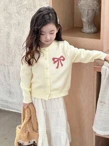 DAZY Young Girls Korean Style Fresh & Cute Bow Contrast Color Long Sleeve Cardigan, Autumn/Winter - Apricot - View 4