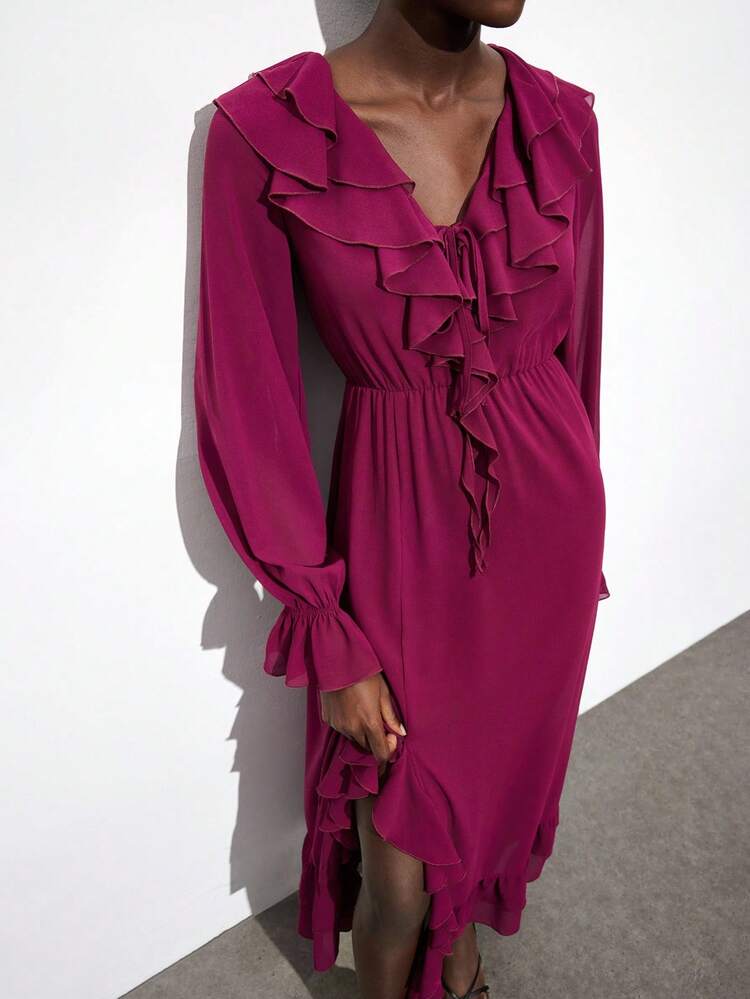 SHEIN Maija Women's Purple Chiffon Ruffled Accent Semi-Sheer Textured V-Neck Long Sleeve Dress With Tie Waist, Asymmetric Hem, And Ruffle Trim, Versatile For Casual, Vacation, Music Festival, Western, Boho Chic Ruffle Dress Ruffle Dresses For Women Long Sleeve Ruffle Dress Magenta Ruffle Dress Modern Vacation Nomadic Casual Fashion All-Match Women's Country Concert Clothing Western Style Women's Clothing Nomadic Style Bohemian High-End Elegance All-Match Country Concert Clothing Burgundy Dress,Fall