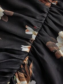 SHEIN MOD Váy xẻ tà họa tiết hoa đen xếp ly bất đối xứng dành cho nữ, váy xếp ly họa tiết hoa đen, trang phục Halloween, Giáng sinh, Thu/Đông cho nữ, trang phục đi chơi - Nhiều màu - Xem 4
