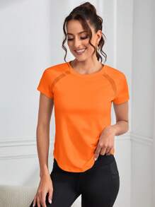 SHEIN Cheerettes Women's Solid Round Neck Orange Raglan Sleeve Casual Workout Short Sleeve T-Shirt Gym Shirts