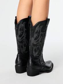 ROMWE Grunge Punk 女式复古西部风格黑色粗跟中筒靴 - 黑色 - 查看 5