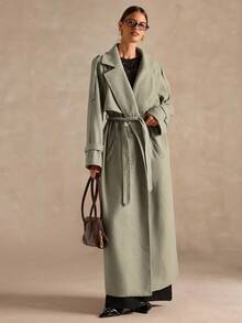 SHEIN BAE 女士简约缺口领长款宽松束带羊毛大衣，适合冬季 - 薄荷綠 - 查看 4