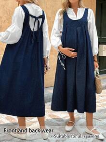 SHEIN Maternity Fall Autumn Back To School Homecoming Halloween Y2k Cute Birthday Outfit Night Out Going Out Club Outfit Airport Outfit Business Casual Woman Country Vintage Modest Old Money Business Casual Woman Work Clothes Teacher Outfits For Women Church Outfits Women Solid Color Casual Sleeveless Blue Denim Dress Can Be Worn In Two Ways: Front Or Back - Blue - View 1