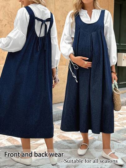 SHEIN 孕妇装 秋季 返校节 返校节 万圣节 Y2K 可爱生日装 夜间外出 俱乐部装 机场装 商务休闲女装 乡村复古 朴素老钱 商务休闲女装 工作服 女士教师装 教堂装 女士纯色休闲无袖蓝色牛仔连衣裙 两种穿法：正面或背面