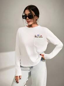 EURMUSE T-Shirt With Flower Embroidery, Round Collar, Pocket Details - White - View 5