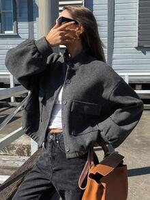 DAZY 女士秋冬立领短款宽松羊毛大衣外套 - 深灰色 - 查看 4