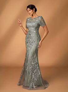 Serin 优雅奢华刺绣蕾丝亮片花卉图案泡泡珍珠透视袖连衣裙，适合婚礼、派对、度假、舞会、晚礼服、新娘母亲 - 灰色 - 查看 5