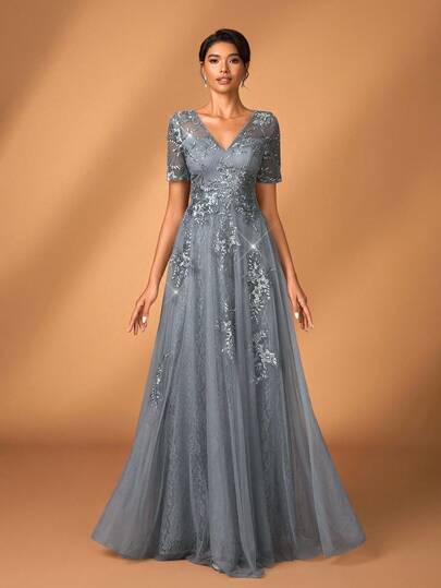 Serin Gaun Elegan Abu-abu Berpayet Bordir, Leher V, Lengan 3/4, Hem Jala, Aplikasi, Biru Muda, Musim Dingin, Formal, Gaun Pengiring Pengantin, Malam Hari, Gaun Ibu Pengantin